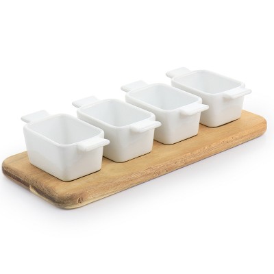Elegant White Ceramic and Acacia Wood 5-Piece Tidbit Dish Set