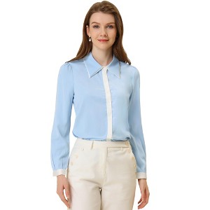 Allegra K Women's Contrast Collar Long Sleeve Office Button Down Shirts - 1 of 3