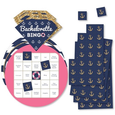 Big Dot of Happiness Last Sail Before the Veil - Bar Bingo Cards and Markers - Nautical Bachelorette and Bridal Shower Shaped Bingo Game - Set of 18