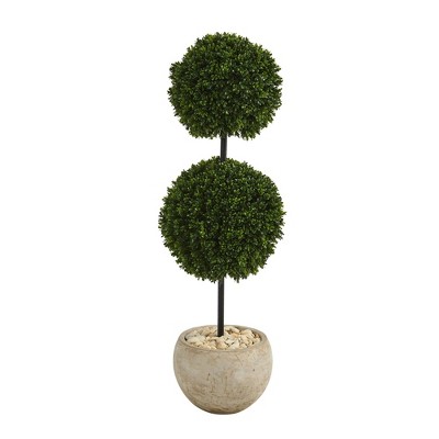 Nearly Natural 45" Indoor/Outdoor Boxwood Double Ball Artificial Topiary Tree in Planter Sand