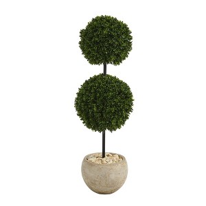 45" Indoor/Outdoor Boxwood Double Ball Artificial Topiary Tree in Planter Sand - Nearly Natural: UV-Resistant Faux Foliage - 1 of 3