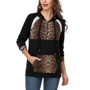 Women's Casual Color Block Hoodies Tops Leopard Print Hooded Sweatshirts Long Sleeve Loose Drawstring Zipper Pullover Sweatshirt - 1 of 4
