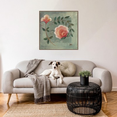 Green and Pink Beaded Framed Floral Canvas Wall Art