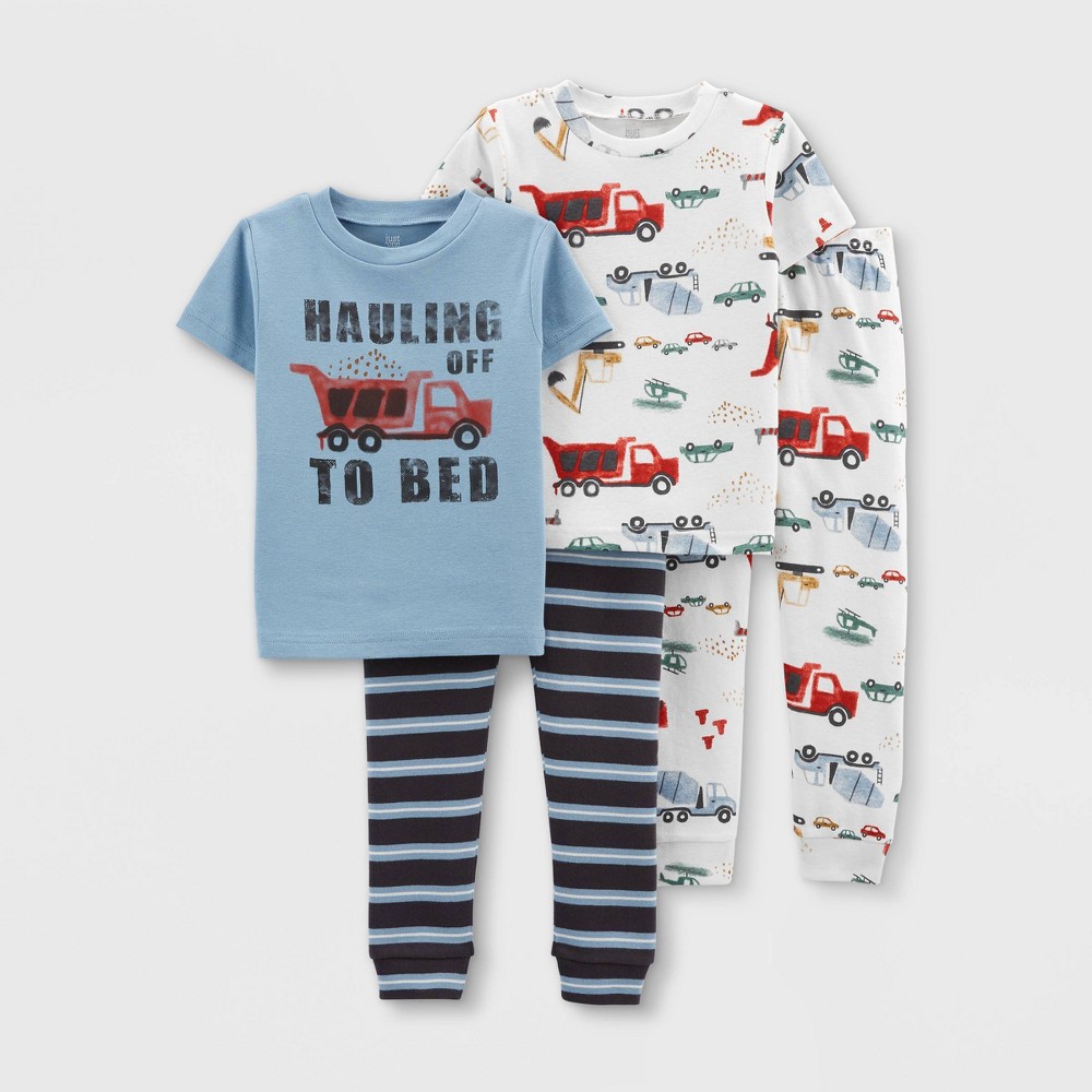 size 2T Toddler Boys' 4pc Construction Short Sleeve Snug Fit Pajama Set - Just One You made by carter's Blue/White 