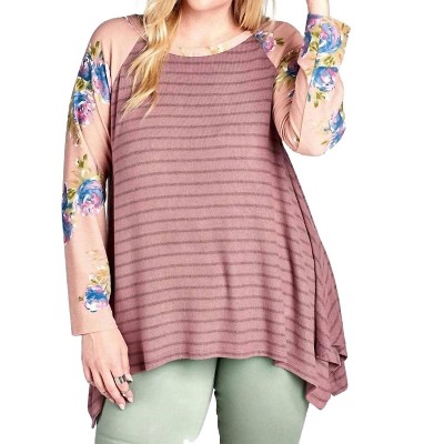Women's Floral & Striped Knit Trapeze Tunic - PLUS - umgee