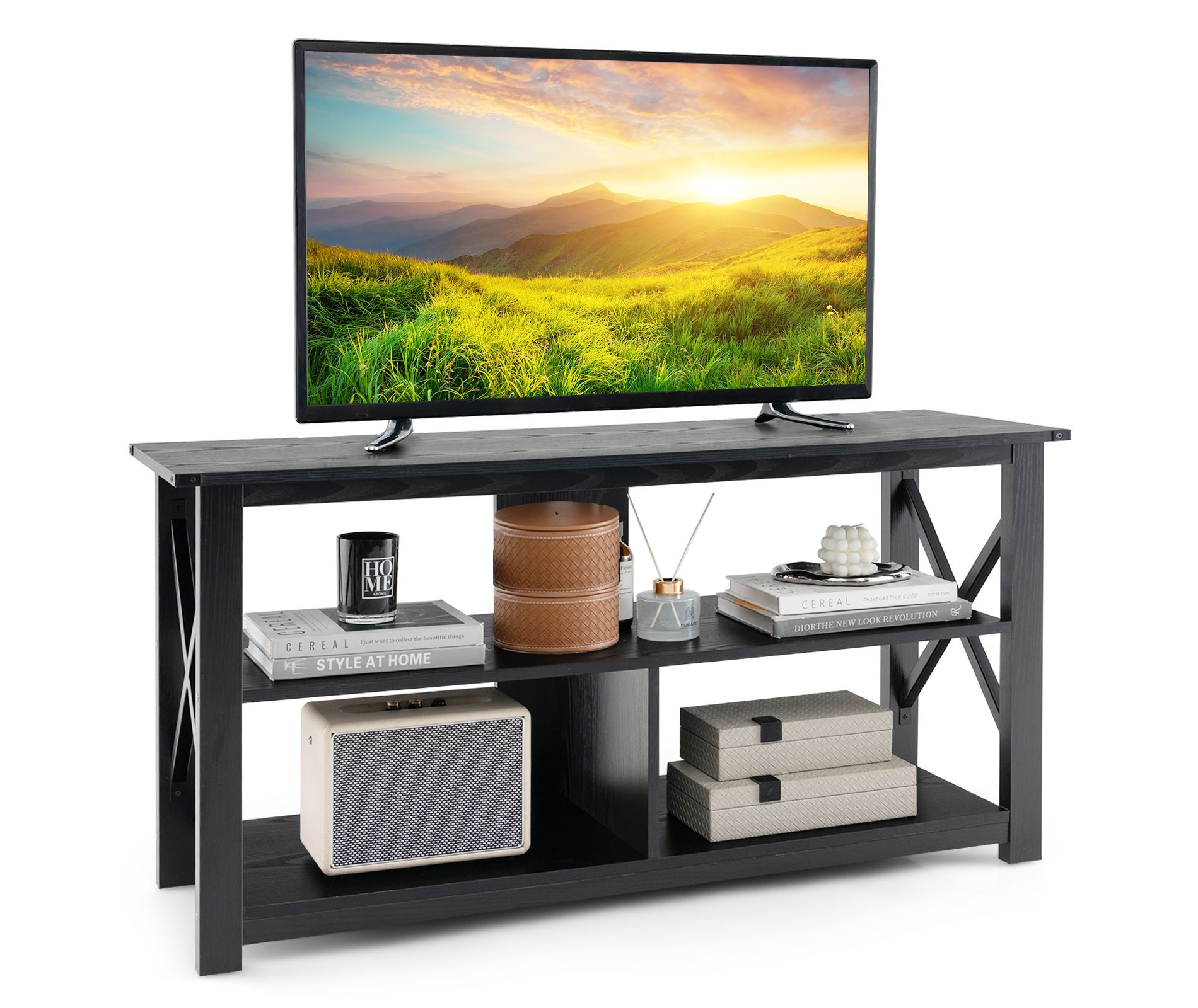 Costway TV Stand for Up to 55" TVs Entertainment Center with 3-Tier Storage Shelves & Cable Hole Black/White