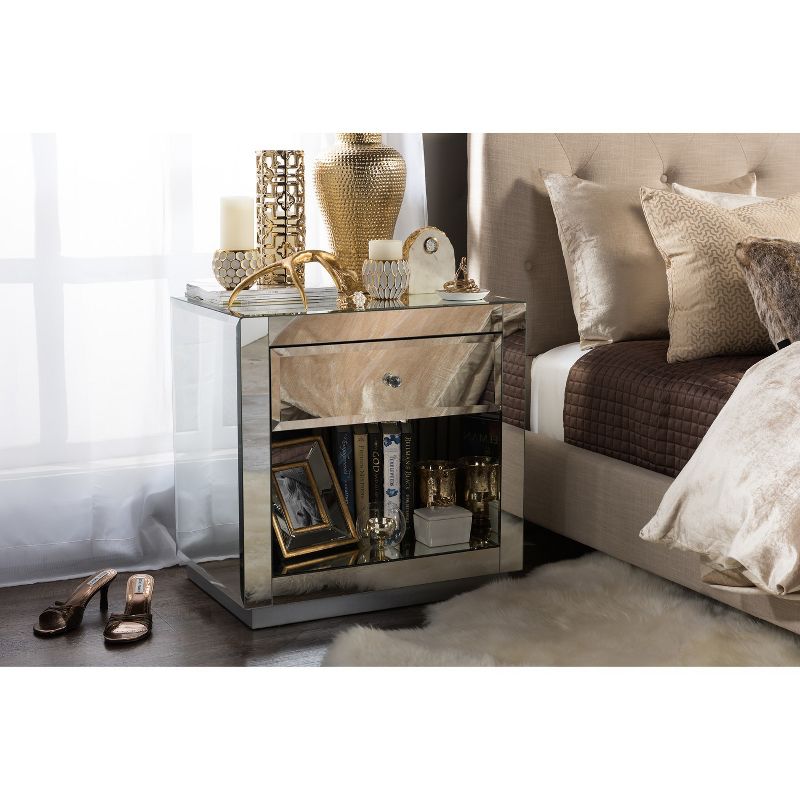 Rochadh Hollywood Glamour Style 1 Drawer and 1 Shelf Nightstand and Bedside Table Silver - Baxton Studio, 4 of 6