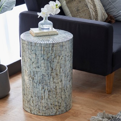 Iridescent Light Blue Mosaic & Wood Round Accent Table