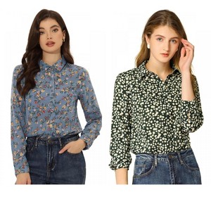 INSPIRE CHIC Women's Point Collar Long Button Sleeve Button Down Floral Shirt 2 Packs - 1 of 4