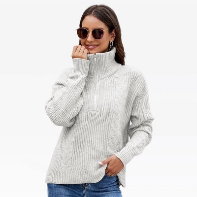 Womens Turtle Neck Cable Knit Sweater Half Zipper Trendy Cable & Rib Knit Textured Oversized Sweater Boyfriend Fit Loose Fit Winter Cozy Pullovers