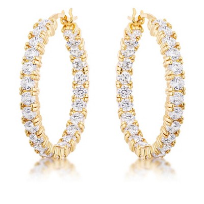 ShineHigh 18k Gold Plated & Rhodium Plated Cubic Zirconia Hoop Earrings – Classic Channel Set Round Cut, 5.5 Ct, 4mm Stones, 33mm Diameter