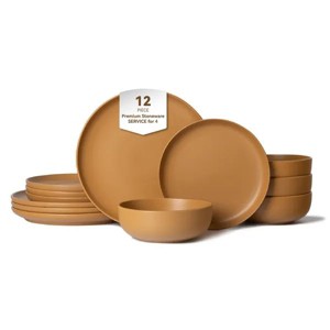 12-Piece Stoneware Dinner Plates Bowls Sets | Microwave & Dishwasher Safe, Non-Toxic Dinner Plates Bowls Set | Stackable Matte Glaze Kitchenware - 1 of 4