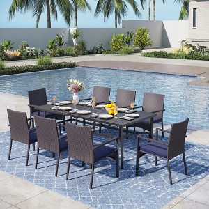 Captiva Designs 9pc Spacious Slat-top Rectangle Metal Table with Umbrella Hole & Armrest Rattan Chairs - 1 of 4