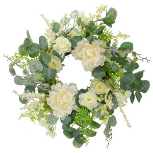 Northlight Peony, Rose and Mixed Foliage Artificial Spring Wreath, Unlit , 20-Inch - 1 of 4