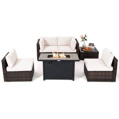 Tangkula 6 Pieces Outdoor PE Rattan Wicker Sectional Sofa with 42" 60,000 BTU Gas Fire Pit Table, Patio Conversation Set with Tempered Glass Coffee Table Black/Navy Blue/Red/Turquoise/Off White