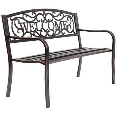 Tangkula Antique Metal Garden Bench Patio Park Outdoor w/ Armrest Welcome Pattern