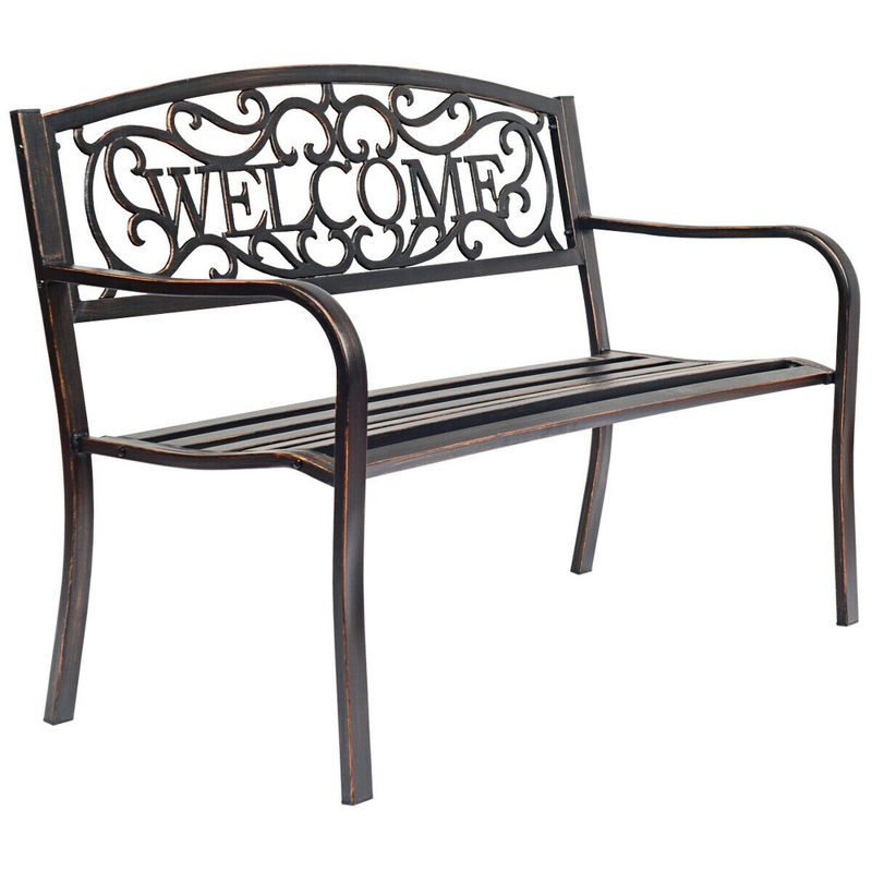 Tangkula Antique Metal Garden Bench Patio Park Outdoor w/ Armrest Welcome Pattern, 1 of 7