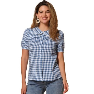 INSPIRE CHIC Women's Plaid Puff Short Sleeve Button Down Peter Pan Collar Shirt - 1 of 4