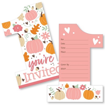 Big Dot of Happiness 1st Birthday Girl Little Pumpkin - Shaped Fall First Birthday Party Invitation Cards with Envelopes - Set of 12