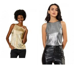Allegra K Women's Party Shiny Sleeveless Keyhole Back Club Metallic Tank Top 2 Packs - 1 of 4