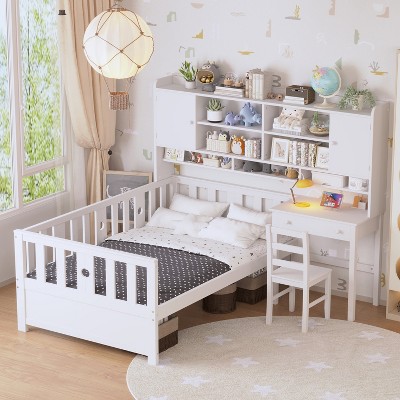 Twin Size Multifunctional Platform Bed with Built-in Desk, Matching Chair, and Bookshelf, White/Natural/Pink-ModernLuxe