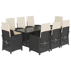 vidaXL 9-Piece Patio Dining Set with Cushions - Black Poly Rattan, Outdoor Furniture - Adjustable Reclining Chairs, Tempered Glass Tabletop - 1 of 4