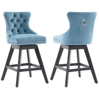 SKRAN Velvet Swivel Bar Stools, Upholstered Counter Chairs Set of 2, with Rivet Trim, Solid Wood Legs and Button Tufted Back for Dining Room and Bar