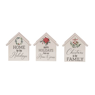 Transpac MDF Hobnail House Block Decor Set of 3 Christmas Home Decorations Freestanding Wood Signs