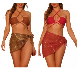 Elerevyo Women's Bandeau O Ring Cinched Strapless with Sarong Cover-Ups Beach Skirt Bathing Suit 2 Sets - 1 of 4