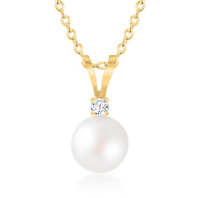 Ross-Simons 6-6.5mm Cultured Akoya Pearl Pendant Necklace With Single Diamond in 14kt Yellow Gold Size 18