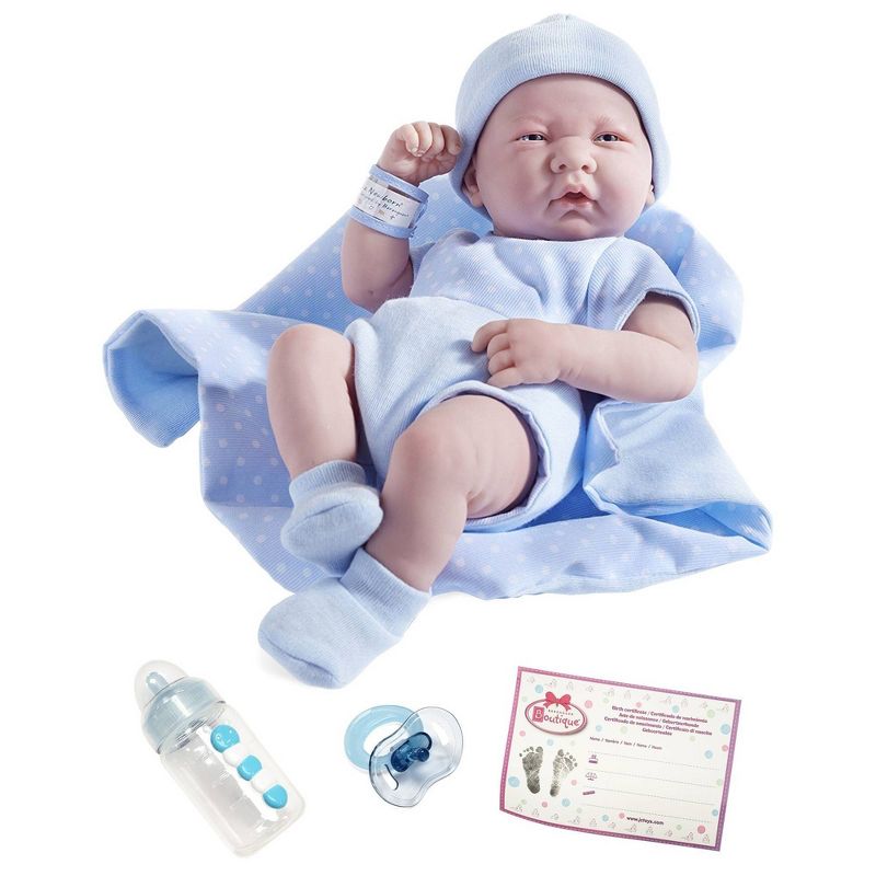 JC Toys La Newborn 14&#34; Boy Baby Doll 5pc Set - Blue Romper, 1 of 6