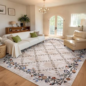Washable Rug Modern Floral Rug Non Slip Low Pile Rug Stain Resistant Area Rug Non Shedding Indoor Floor Cover for Bedroom Living Room - 1 of 4