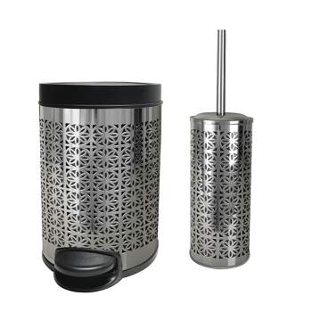 Laser Cut Step Garbage Trash Can & Toilet Brush Holder with Lid Metallic Silver - Nu Steel