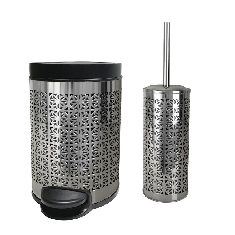 Laser Cut Step Garbage Trash Can &#38; Toilet Brush Holder with Lid Metallic Silver - Nu Steel, 1 of 9