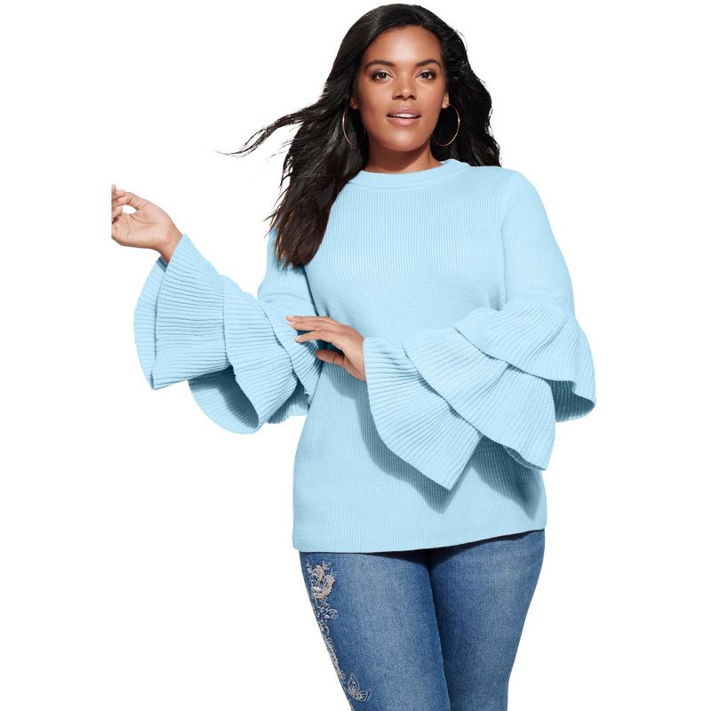 Roaman's Women's Plus Size Tiered-Sleeve Sweater, 1 of 2