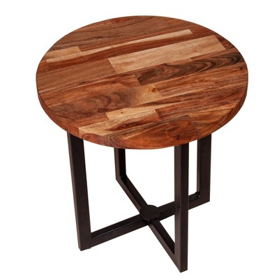 18" Round Solid Wood End Table with X Shape Metal Base Brown/Black - The Urban Port