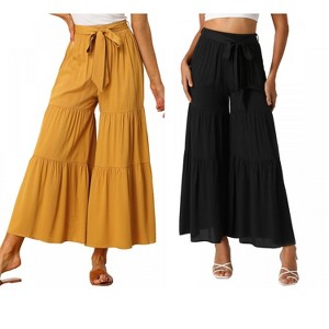 INSPIRE CHIC Women's Boho Elastic High Waist Tie Belt Ruffle Hem Wide Leg Palazzo Pants 2 Packs - 1 of 4