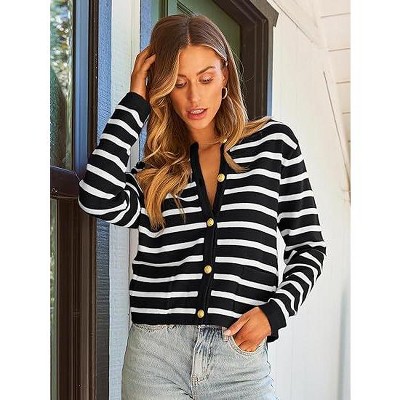 Women's Striped Button Cardigan Open Front Color Block Knit Sweater with Pockets