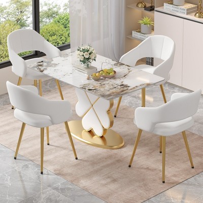 VECELO Velvet Dining Chairs Set of 2/4, Upholstered Kitchen Chairs with Cushion, Padded Backrest & Metal Legs, Pink/White