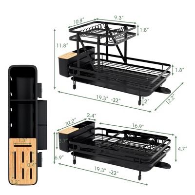 Black Metal and Bamboo 2-Tier Collapsible Dish Drying Rack