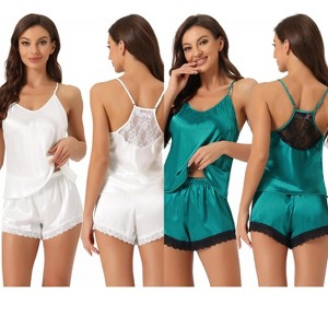 INSPIRE CHIC Women's 2 Pcs Satin Sleeveless Lace Trim Shorts Silky Short Pajama Sets - 1 of 4