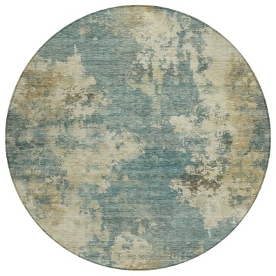 HomeRoots 8' Teal Blue And Beige Round Abstract Washable Indoor Outdoor Area Rug