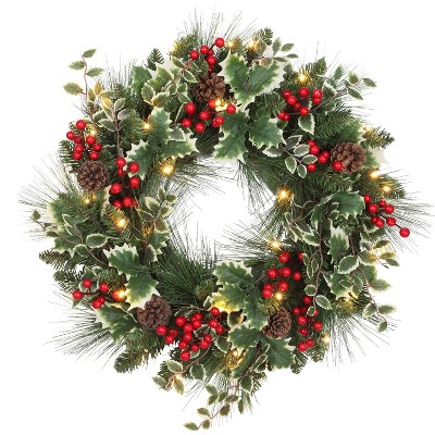 Haute Décor 24" Pre-lit Christmas Holly Pine Artificial Wreath