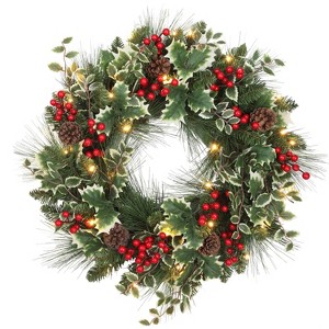 Haute Décor 24" Pre-lit Christmas Holly Pine Artificial Wreath - 1 of 4
