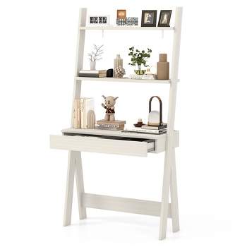 Costway Ladder Shelf Desk Bookcase w/Countertop, Drawer & 2 Shelves Bookshelf Walnut\Grey\Natural\Oak
