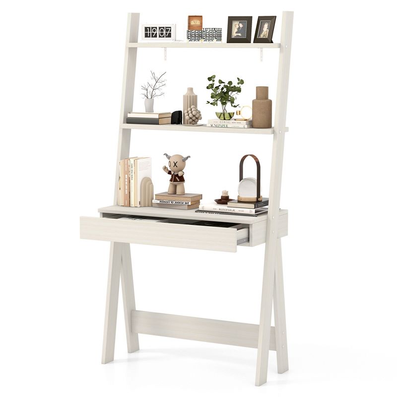 Costway Ladder Shelf Desk Bookcase w/Countertop, Drawer & 2 Shelves Bookshelf Walnut\Grey\Natural\Oak, 1 of 11