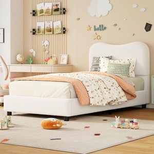 Homhougo Twin Bed Frame for Kids with Velvet Upholstered Headboard, Cute Low Profile Platform Bed for Girls and Boys, No Box Spring Needed, Blue - 1 of 1