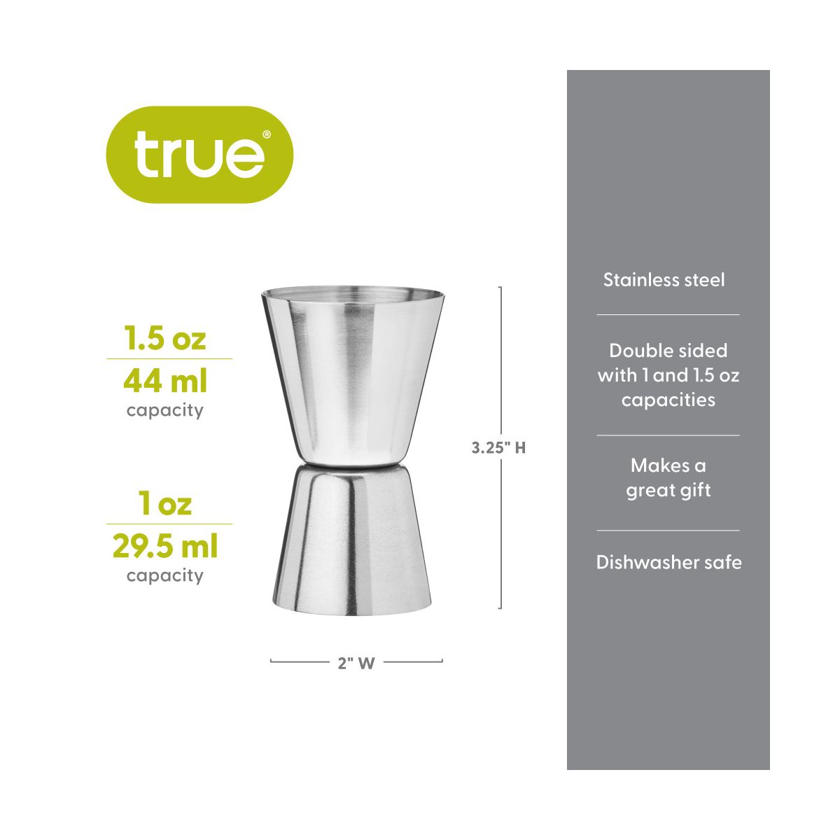 True Big Jig Cocktail Measuring Jigger for Bartending, Durable Stainless Steel Double Jiggers, Bar Tools, Home Bar Accessories 1 oz & 1.5 oz, Set of 1 - thumbnail 3