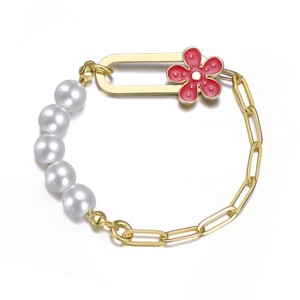 Guili Kids' 5.25" 14k Gold Plated Bracelet with Pearls and Enamel Flower Clasp in Blue, Red, or Pink – Charming, Timeless Look for Any Occasion - 1 of 2