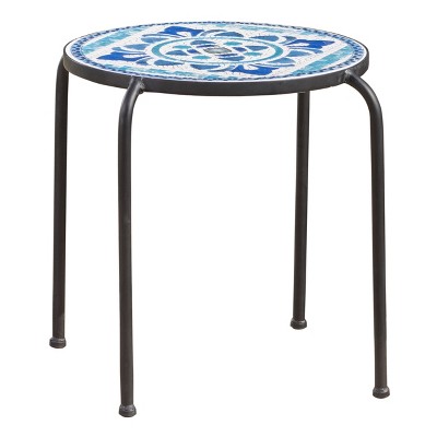 FONTOI End Table with Round Tabletop, Side Table with Mosaic-style Pattern for Home Bedroom Living Room Patio, White&Blue, 15.25"*17"*15.25"